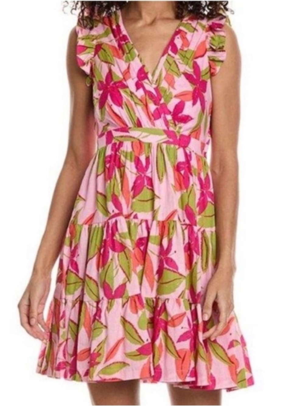 ❤️3/$25 Taylor Pink Floral Tiered V-Neck Dress with Pockets Fun Vacation Dress